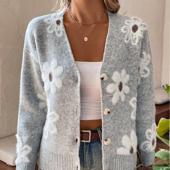 Grey Casual Womens Floral Pattern Drop Shoulder Cardigan - Picture 5 of 5